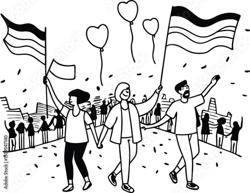 Illustration depicting diverse people celebrating lgbtq+ pride with flags and heart balloons in a joyful parade showing solidarity and unity.