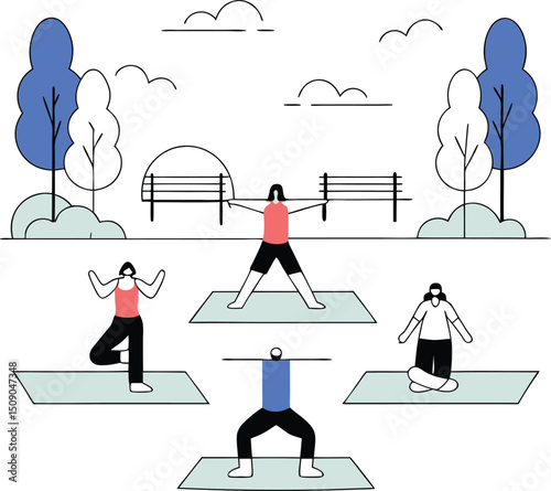 Illustration of people practicing yoga poses in a park outdoors with trees and a bench promoting wellness and fitness