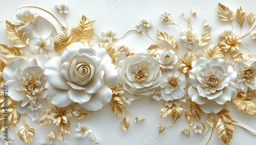 3D Gold and White Floral Wallpaper with Roses