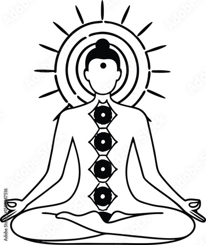 Illustration of a meditating person in the lotus position showcasing chakra symbols and energy points for holistic wellness and spiritual practice