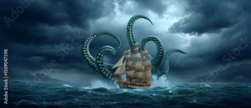 Enormous sea kraken surfaces amidst stormy ocean encounter with sailing ship