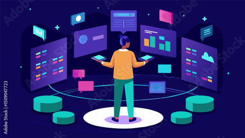 A data explorer immersed in a virtual room surrounded by floating screens displaying various forms of data.. Vector illustration