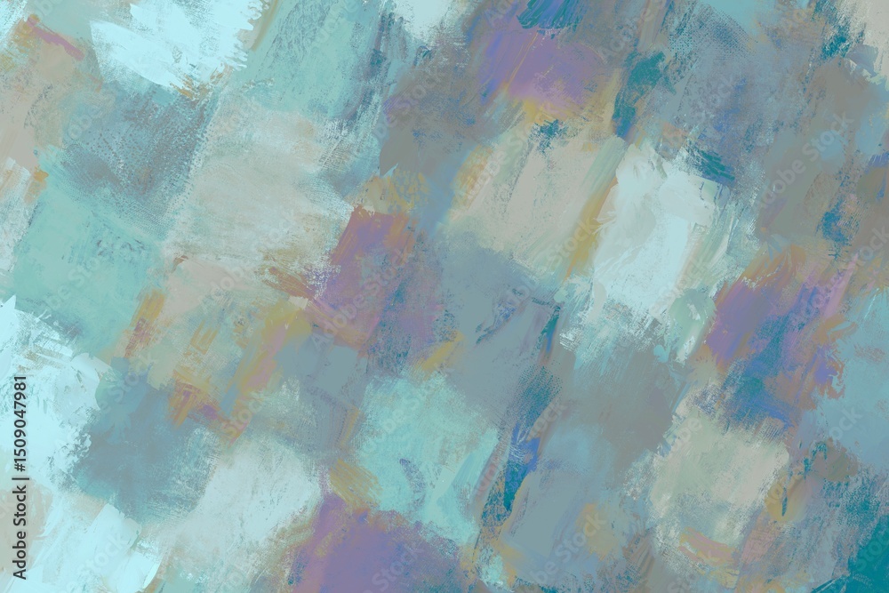 Fototapeta premium 秋冬用油絵抽象アート。斜めに配置された水色・紫の四角を使った背景。ラフな筆跡