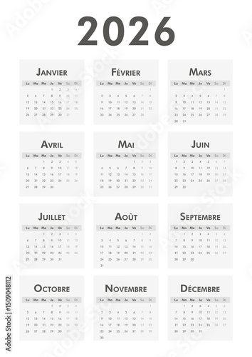 2026 calendar modern classic on French language. Week starts on Monday. Desk or wall A4 vertical black and white calendar in minimalist style