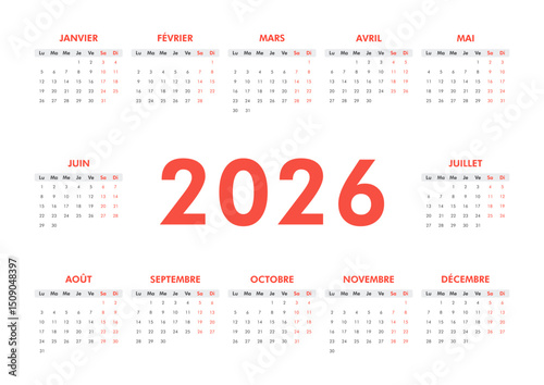 2026 calendar modern classic on French language. Week starts on Monday. Desk or wall A4 horizontal calendar in minimalist style