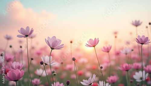 Pastel Cosmos Field at Sunset