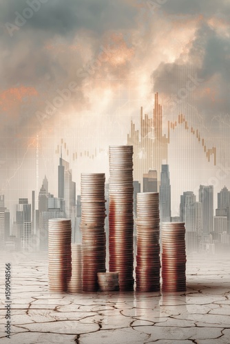 A city skyline built from stacked coins and credit cards, cracking at the base while digital charts project onto the buildings.