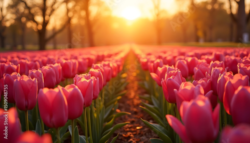 Tulip Field at Sunrise: A Burst of Spring Color