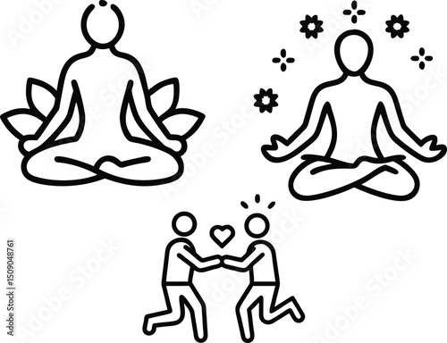 Simple line art icons depicting yoga meditation mindfulness and romantic connection for health and wellness concepts