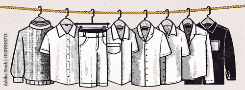 Men's Clothing Hanging on Clothesline: Shirts, Pants, Jacket