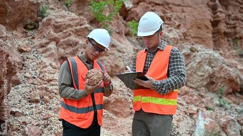 Geologists pick up rocks excavated in a quarry and examine them to determine their type
