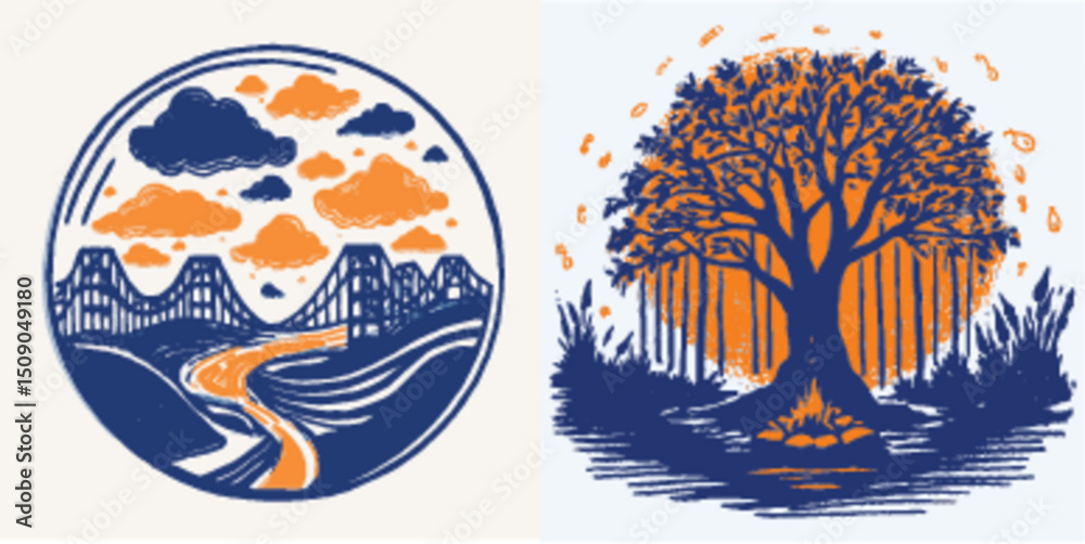 Obraz premium Scenic Vector Illustration of Bridge and Tree in Circular Design