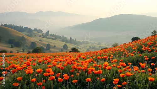 Poppy Meadow at Dawn: Serene Landscape