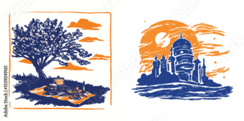 Scenic Vector Illustration of a Picnic and a Monument Landscape