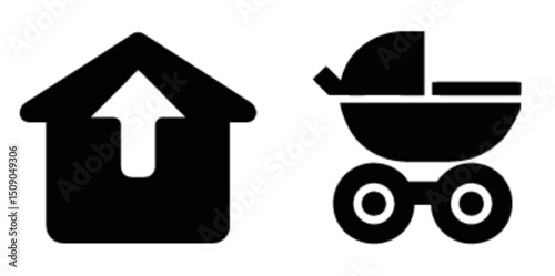 Simple Vector Drawing of House and Baby Stroller Icons in Black