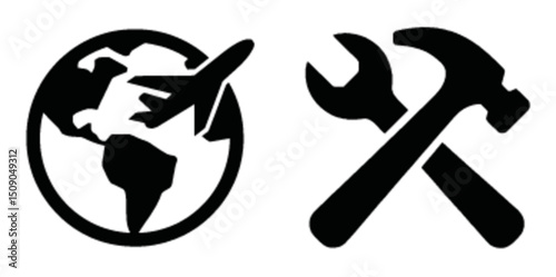 Globe with Airplane and Tools Icon for Travel and Repair Themes
