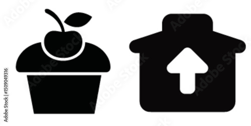 Black and White Vector Drawing of a Cupcake and an Arrowhouse Icon