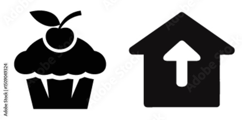 Black Silhouette of Cupcake with Cherry and House Icon Vector Drawing
