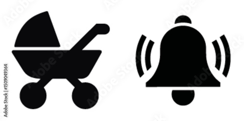 Simple Vector Drawing of Baby Stroller and Bell Icon Design