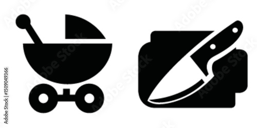 Minimalist Vector Icons of Baby Stroller and Kitchen Knife Design
