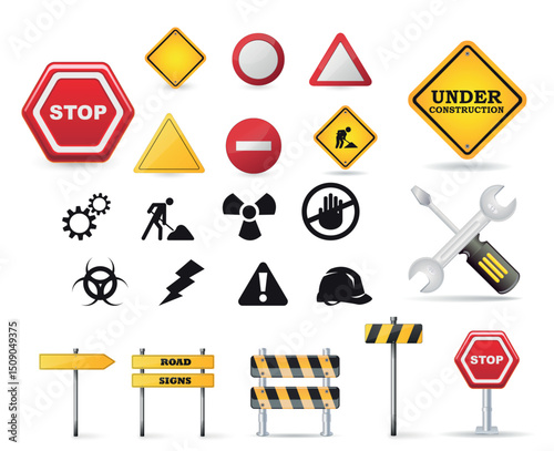 Collection of road signs construction safety icons and warning symbols isolated on white background