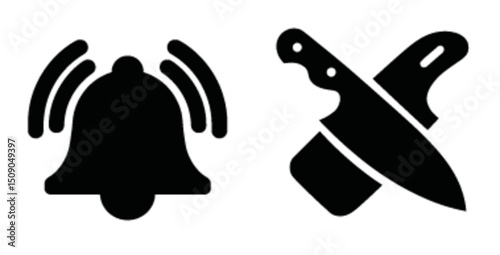 Black and White Vector Icons of Bell and Knife on White Background