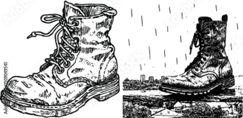 Detailed Illustration of Vintage Work Boots in Rainy Outdoor Scene