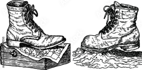Vintage Boots on Map and Ground in Detailed Hand-Drawn Illustration