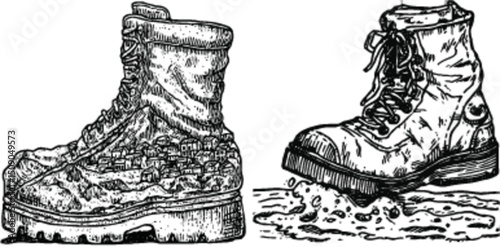 Detailed Illustration of Stylized Boots with Unique Textures and Scenes
