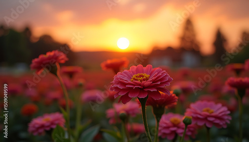 Zinnia Field at Sunset: Vibrant Blooms in Golden Light