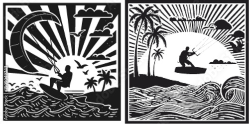 Dynamic Kiteboarding Scene with Sunburst and Tropical Elements