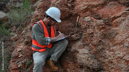 A geologist is using a steel rod to drill into a rock to obtain a rock sample for analysis