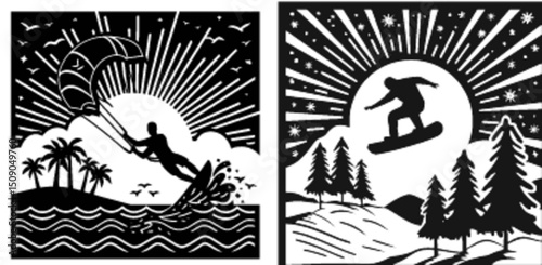 Adventure and Thrill of Water and Snow Sports in Black and White