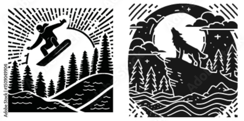 Dynamic Snowboarder in Action Surrounded by Nature Scene