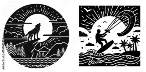 Black and White Illustration of Wolf and Kite Surfer in Nature Scene