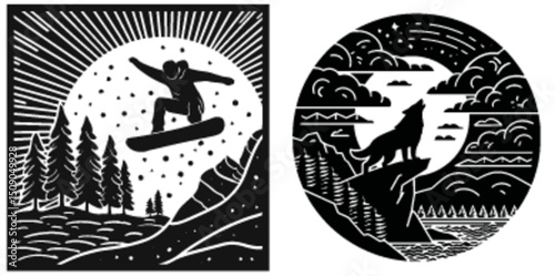 Artistic Snowboarder and Wolf in Moonlight Landscape Illustration