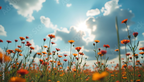 Orange Wildflowers Under a Sunny Blue Sky