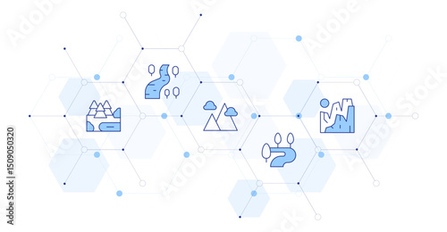 Landscape Banner Vector Illustration with Icon Style in Between. Line Duotone icon. Containing. forest, river, landscape, cliffs