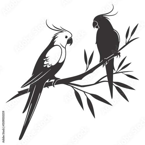 Black and white cockatoo birds perched on a branch vector illustration