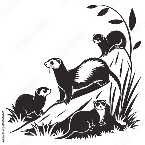 Black and white ferret family vector illustration cute wildlife animals design