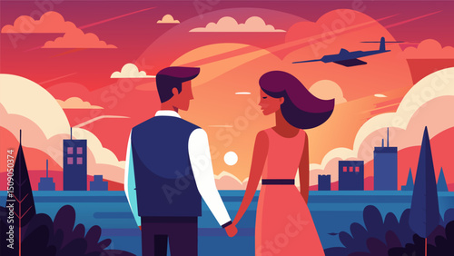 A couple sharing a romantic moment as they hold hands and watch the sunset from the air taxi.. Vector illustration
