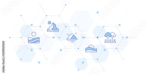 Landscape Banner Vector Illustration with Icon Style in Between. Line Duotone icon. Containing. spring, glacier, island, desert, tree