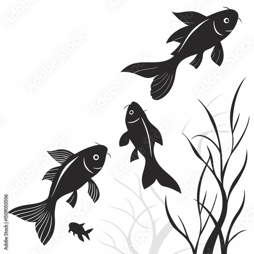 Black and white silhouette illustration of koi fish swimming amongst water plants