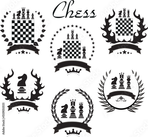 Elegant black and white chess logos featuring checkered boards and royal pieces for design elements