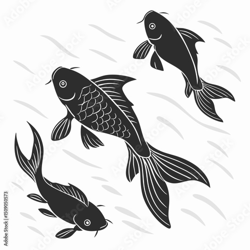 Black and white silhouette illustration of three koi fish swimming gracefully