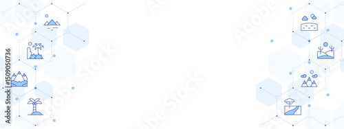 Landscape Banner Vector Illustration with Two-sided Icon Style. Line Duotone icon. Containing. lake, rainforest, mountain, palm tree, river, desert, prairie