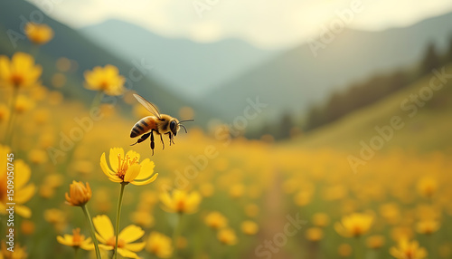 Bee on Yellow Flowers in a Mountain Meadow