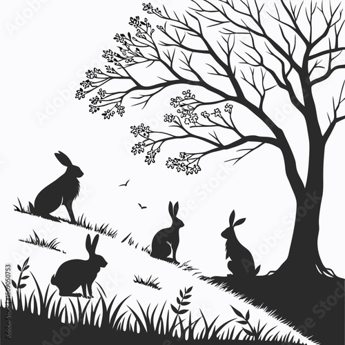 Black and white silhouette of rabbits under a tree on a hillside