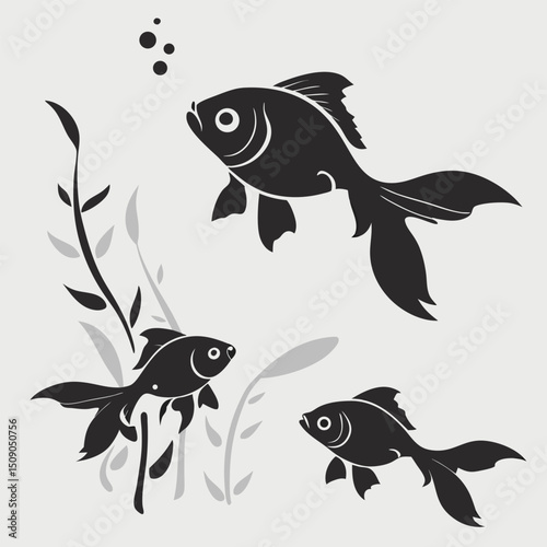 Black and white vector illustration with three stylized goldfish and plants