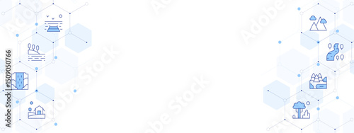 Landscape Banner Vector Illustration with Two-sided Icon Style. Line Duotone icon. Containing. pier, bay, waterfall, farm, tree, forest, river, landscape